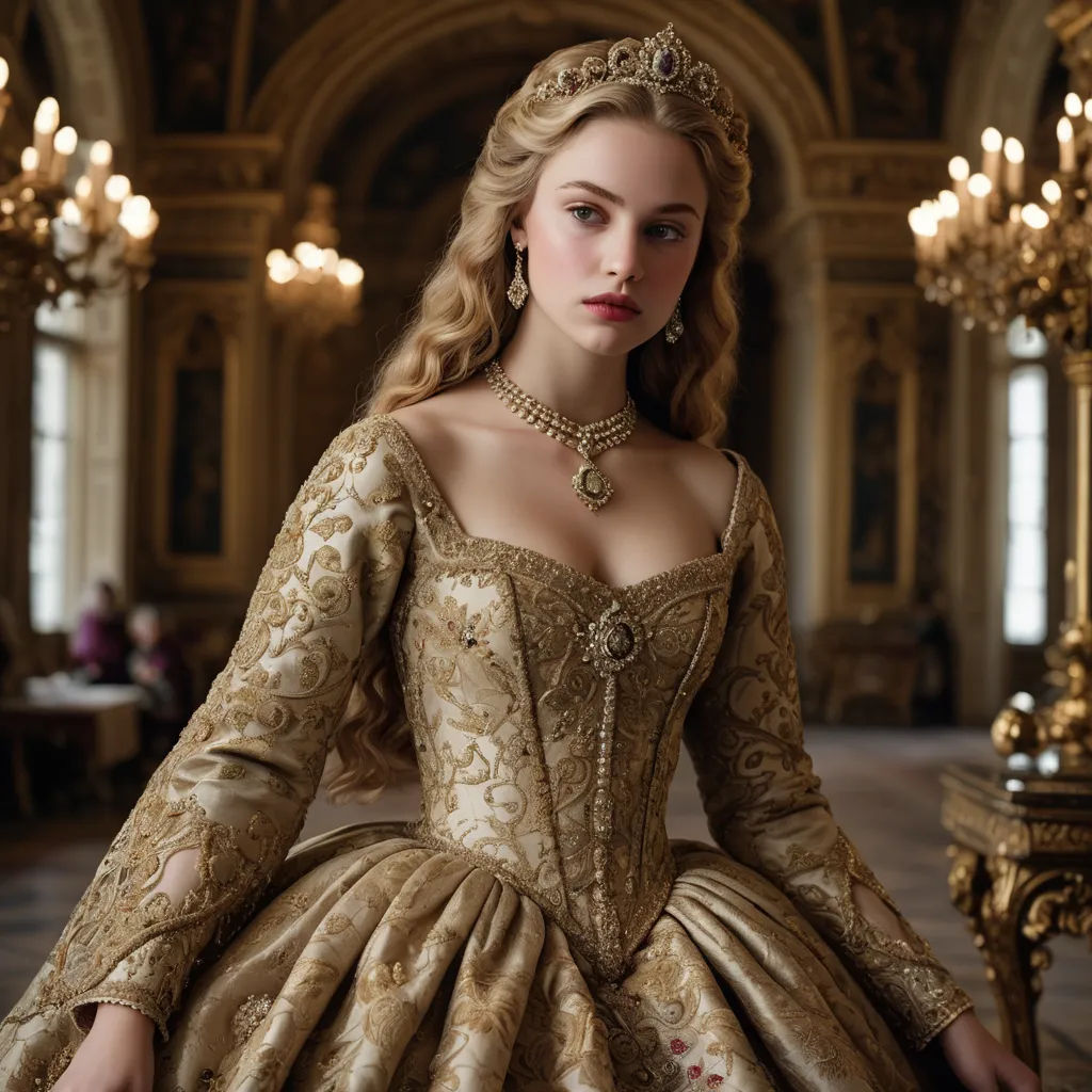 a woman in a dress with a tiara and a necklace on her neck and shoulders, sitting in a room with chandeliers, rococo, a flemish Baroque, Celia Fiennes, regal