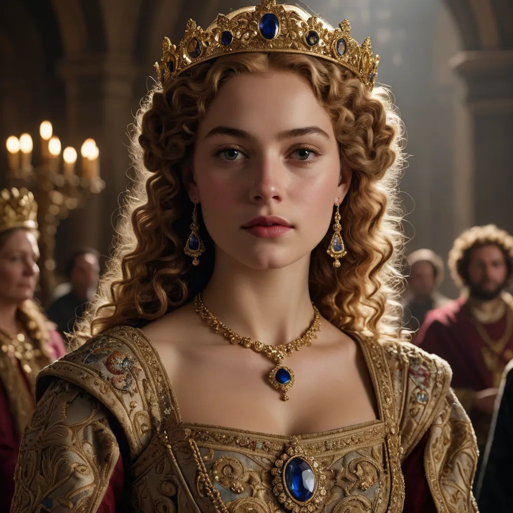 a woman in a golden dress with a crown on her head and other people in the background wearing gold jewelry, mannerism, a flemish Baroque, Anna Maria Barbara Abesch, promotional image