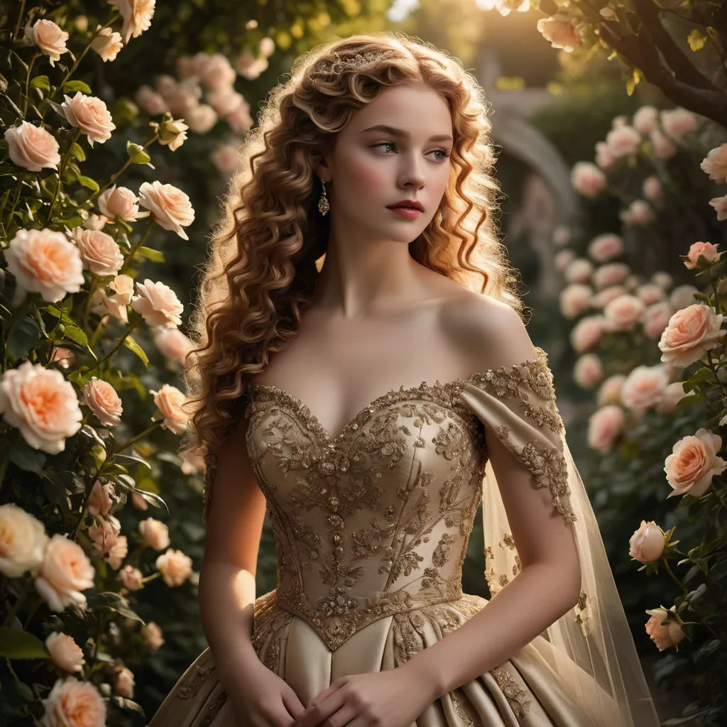 a woman in a wedding dress standing in front of roses with a bouquet of roses behind her and a sunbeam, rococo, a photorealistic painting, Alice Prin, enchanting