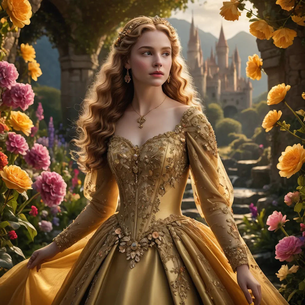 a woman in a dress standing in a garden with flowers in front of a castle and a castle in the background, magical realism, a detailed matte painting, Edward George Handel Lucas, promotional image