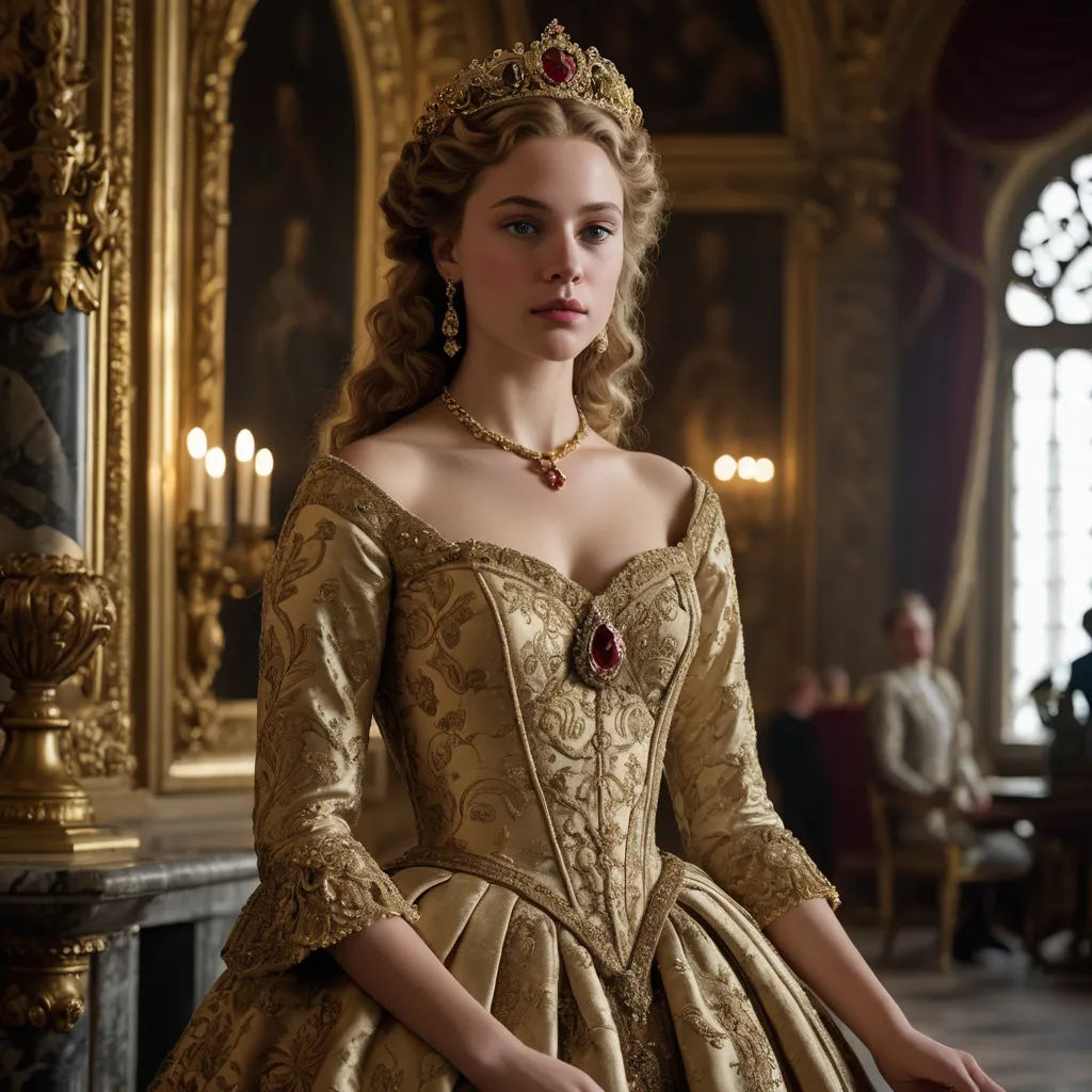 a woman in a golden dress standing in a room with a chandelier and a chandelier, rococo, a flemish Baroque, Constance-Anne Parker, promotional image