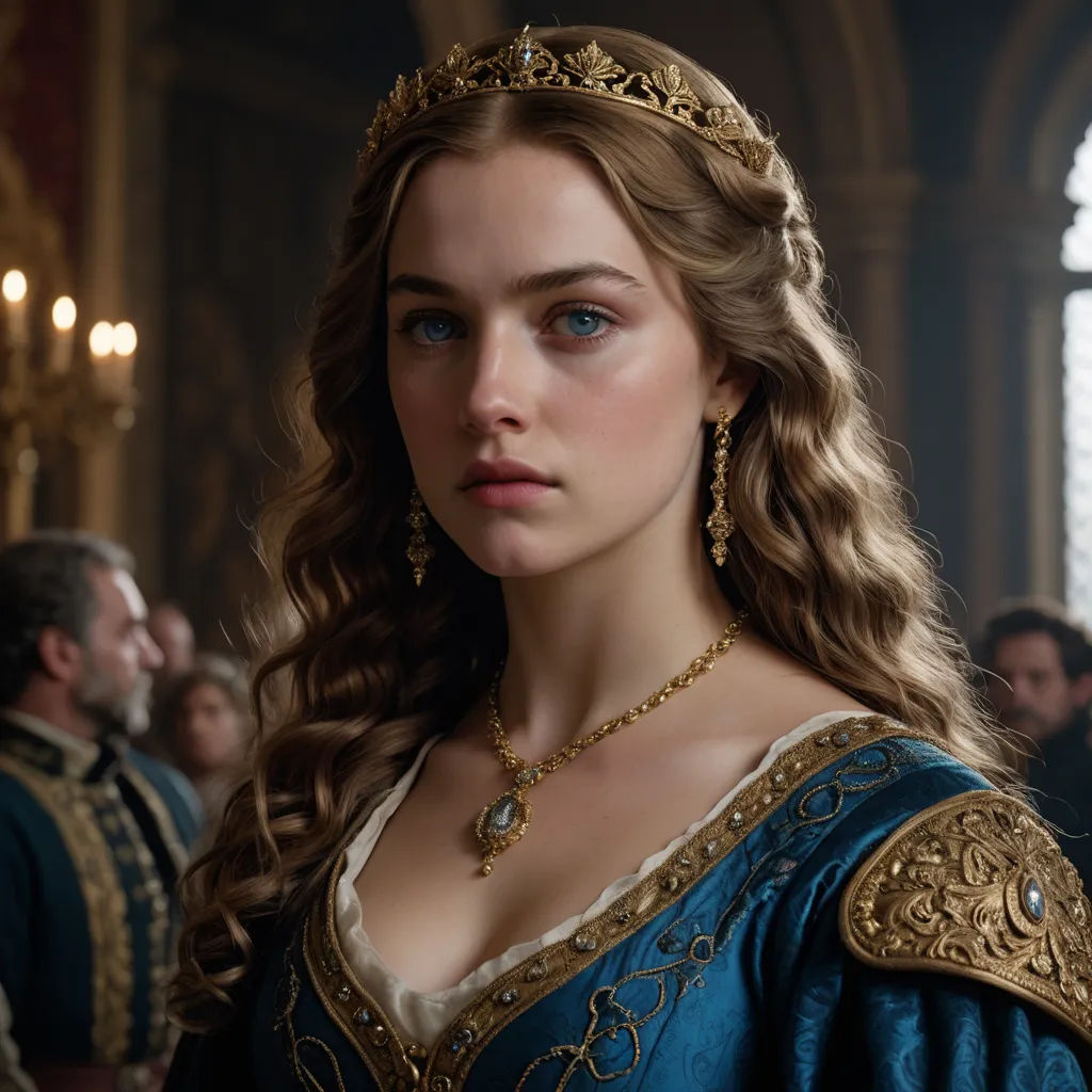 a woman in a blue dress with a tiara on her head and a man in a suit behind her, mannerism, a flemish Baroque, Araceli Gilbert, promotional image