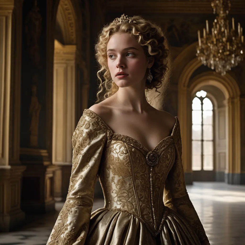 a woman in a golden dress standing in a room with a chandelier and chandelier hanging from the ceiling, rococo, a flemish Baroque, Constance-Anne Parker, promotional image