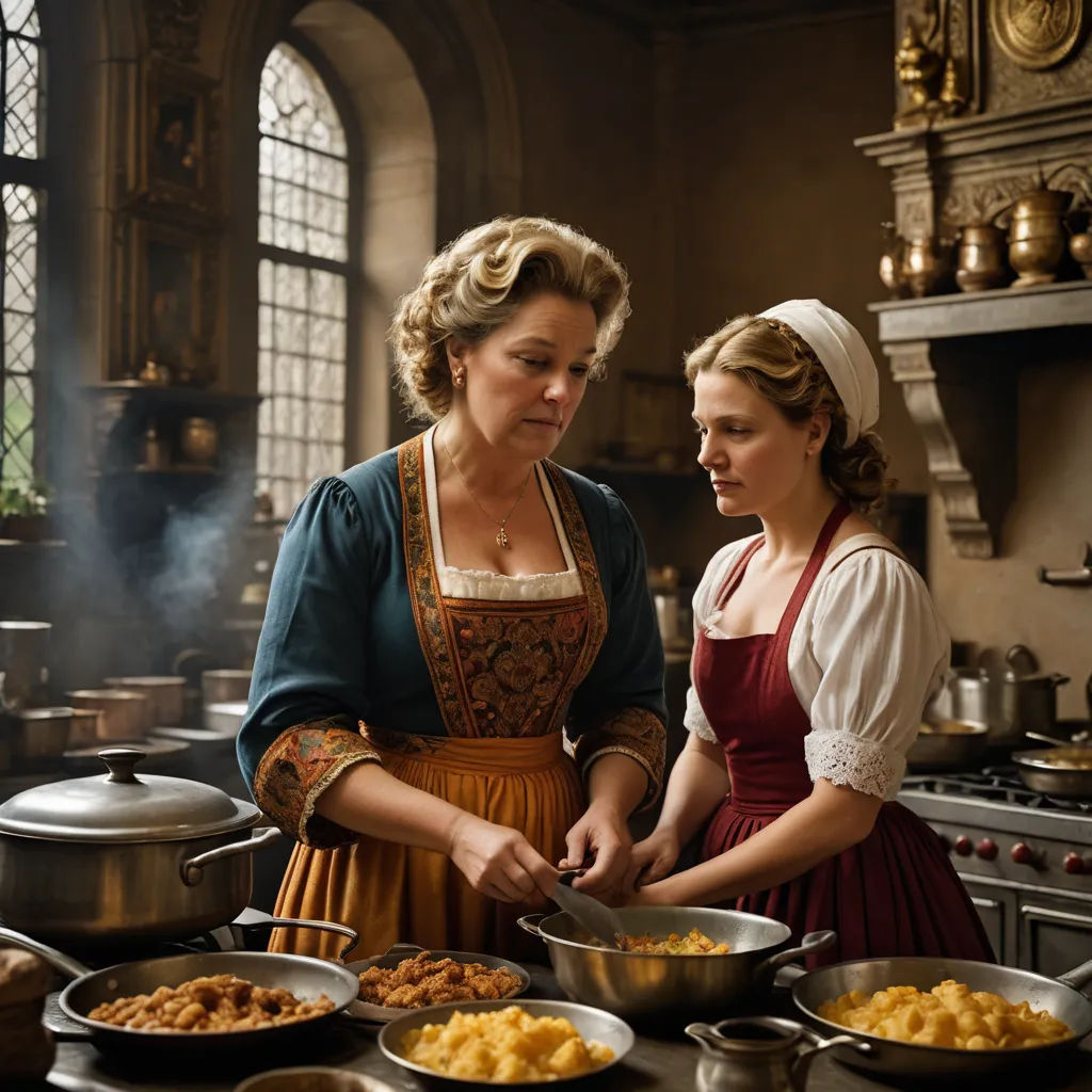 two women in period costumes cooking in a kitchen together, one of them is wearing a red apron and the other is wearing a blue apron, arts and crafts movement, a flemish Baroque, David Teniers III, promotional image