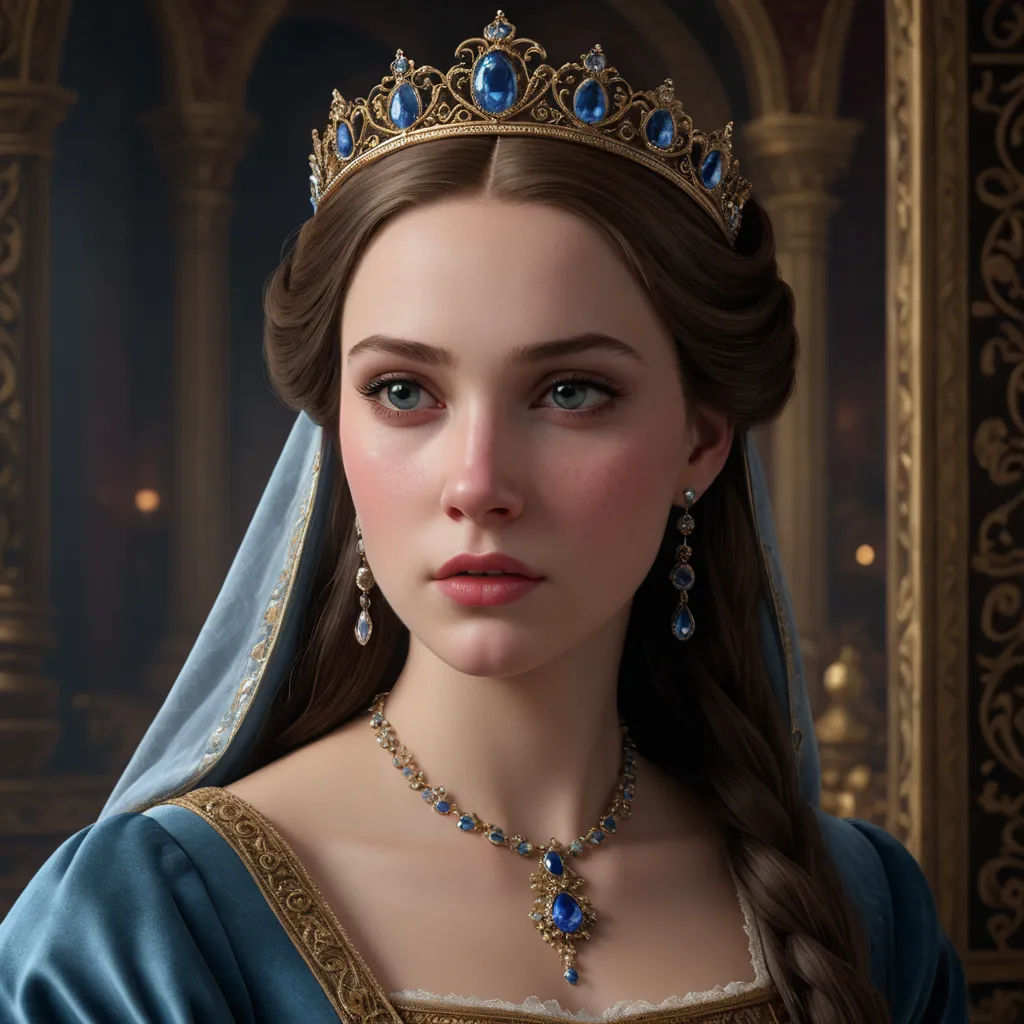 a woman in a blue dress wearing a tiara and a veil with a blue diamond necklace and earrings, photorealism, a detailed painting, Constance Gordon-Cumming, cgstudio