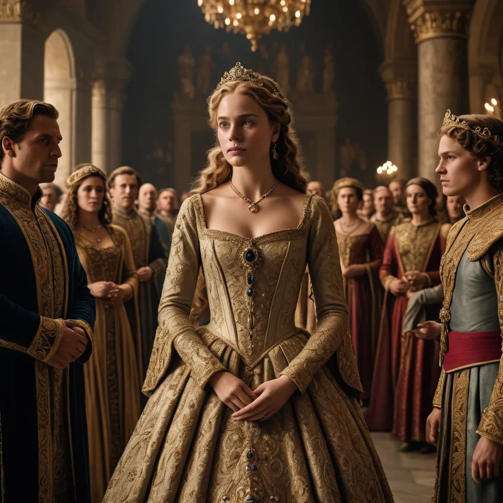 a group of people in renaissance dress standing in a hall with chandeliers and lights on them,, renaissance, a flemish Baroque, Anna Maria Barbara Abesch, vfx