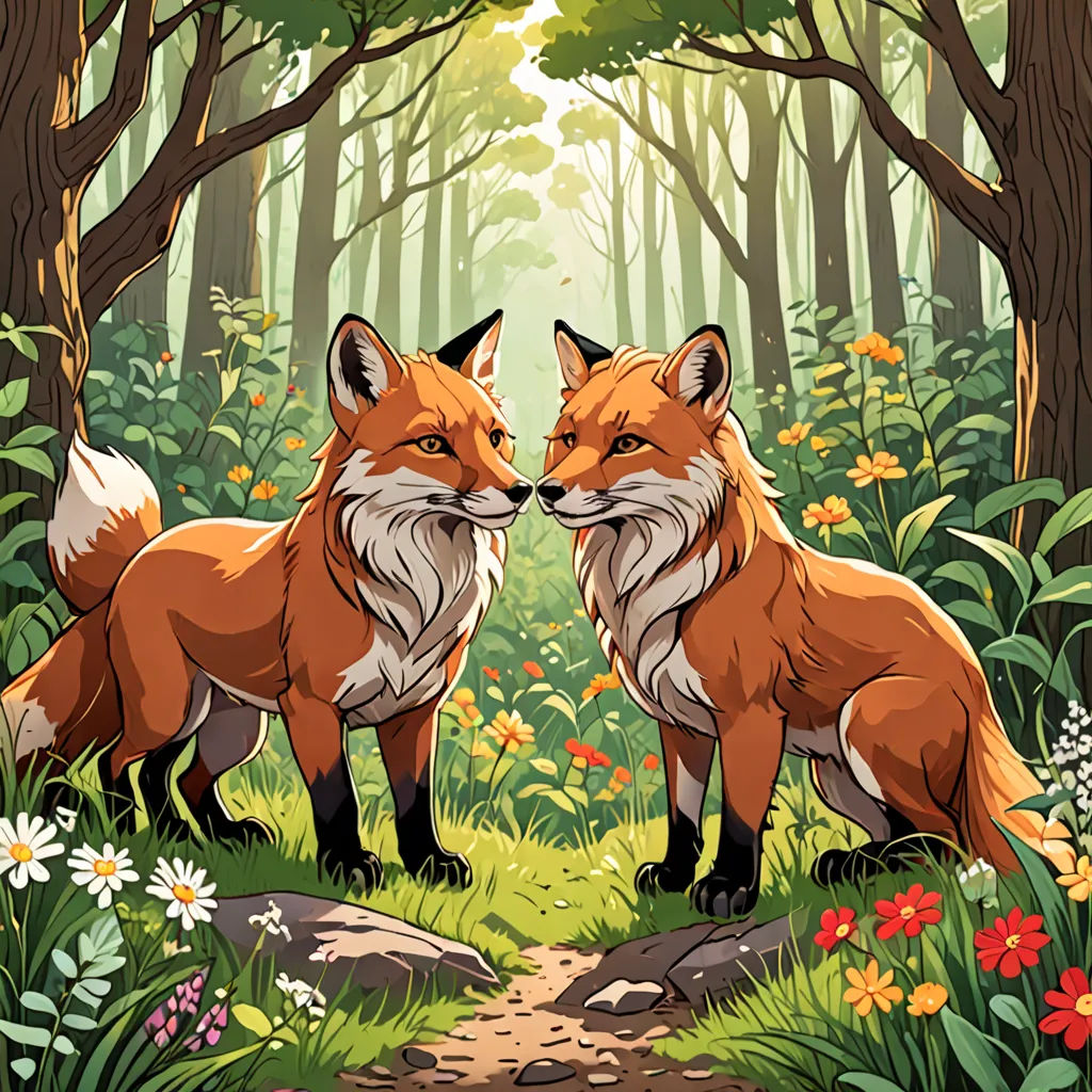 two foxes are standing in the woods near a trail with flowers and trees on either side of them, looking at each other, furry art, a storybook illustration, Dan Mumford, official art