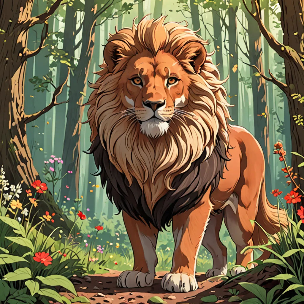 a lion standing in the middle of a forest with flowers and trees around it, with a forest background, furry art, a poster, Chris LaBrooy, trending on art station