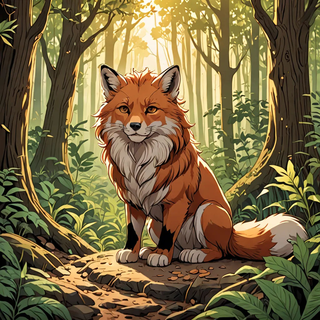 a red fox sitting in the middle of a forest with trees and leaves on the ground and sunlight shining through the trees, furry art, a character portrait, Dan Mumford, forest