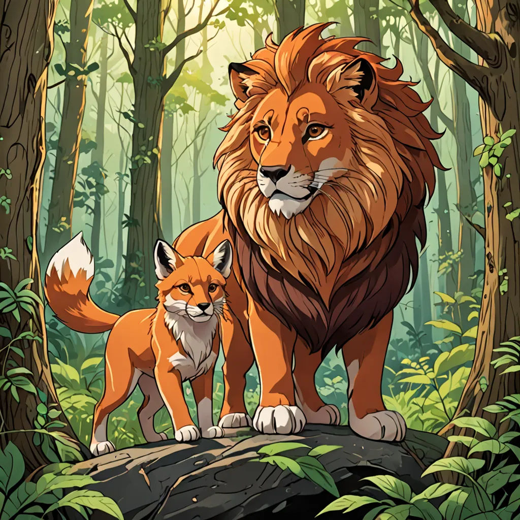 a lion and a fox standing in the woods together, with a forest background and trees in the background, furry art, a storybook illustration, Chris LaBrooy, official art