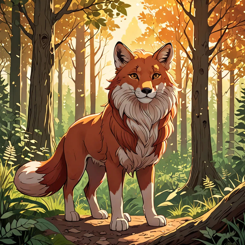 a fox standing on a log in a forest with trees and grass around it, with the sun shining through the trees, furry art, a character portrait, Dan Mumford, official art