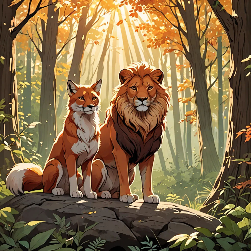 a couple of foxes sitting on top of a rock in a forest next to trees and leaves with the sun shining through the trees, furry art, a storybook illustration, Brothers Hildebrandt, official art