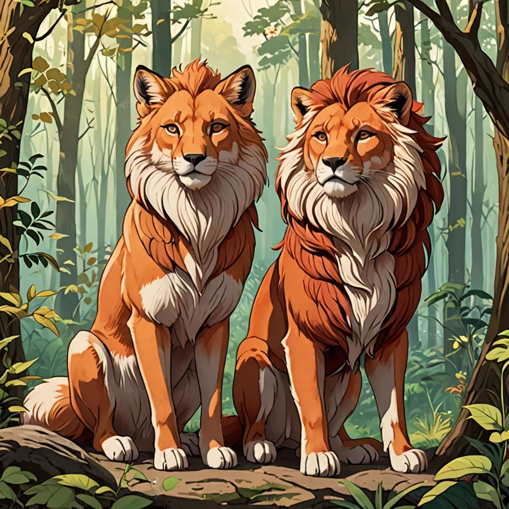 two foxes sitting in the woods with trees in the background and foliage around them, with a forest scene in the background, furry art, a poster, Brothers Hildebrandt, official art