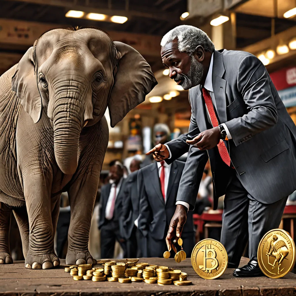 a man in a suit and tie standing next to a statue of an elephant and a pile of gold coins, lyco art, a stock photo, Chris LaBrooy, hyper real