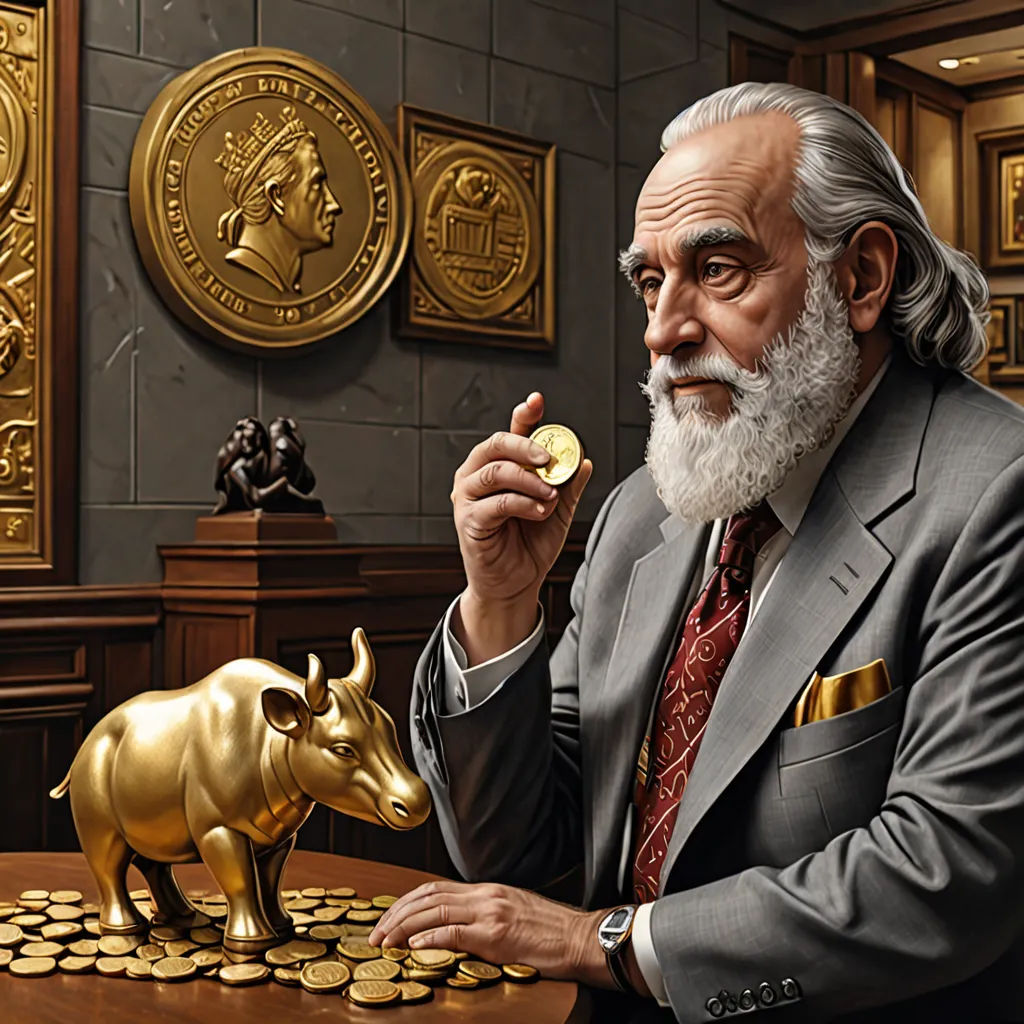 a man in a suit and tie sitting at a table with a gold bull figurine and a golden piggy bank, american scene painting, a digital rendering, F. Scott Hess, highly detailed digital painting