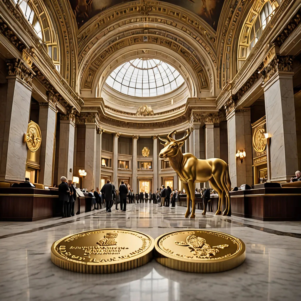a group of people standing around a building with a gold bull statue in the middle of the floor and a gold bull on the floor, neoclassicism, a digital rendering, Enguerrand Quarton, symmetric balance