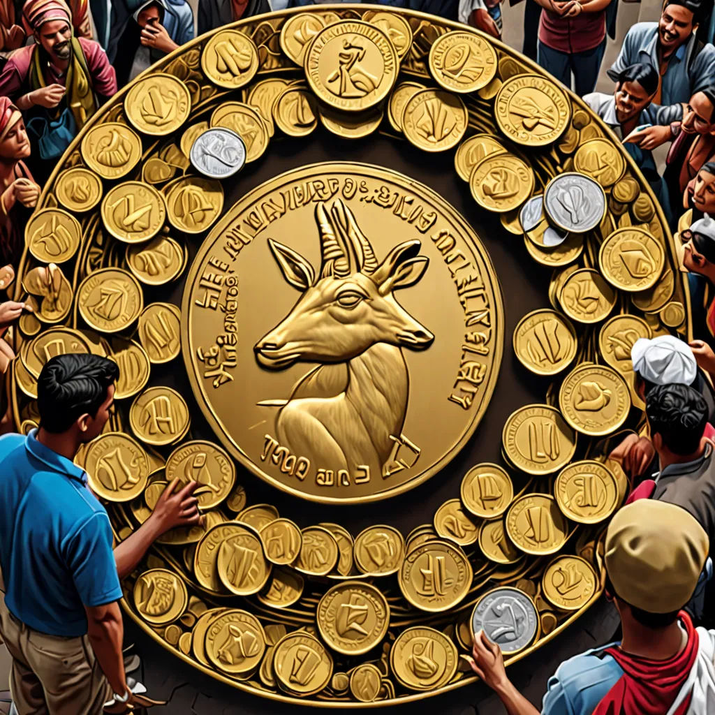 a crowd of people standing around a large gold coin with a deer on it's face and a man pointing at it, lyco art, poster art, Chris LaBrooy, ultra realistic illustration