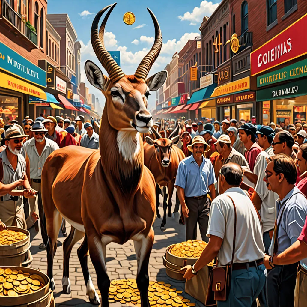 a painting of a goat standing in a crowd of people in a city street with gold coins in its mouth, fantastic realism, a digital rendering, Chris LaBrooy, walton ford