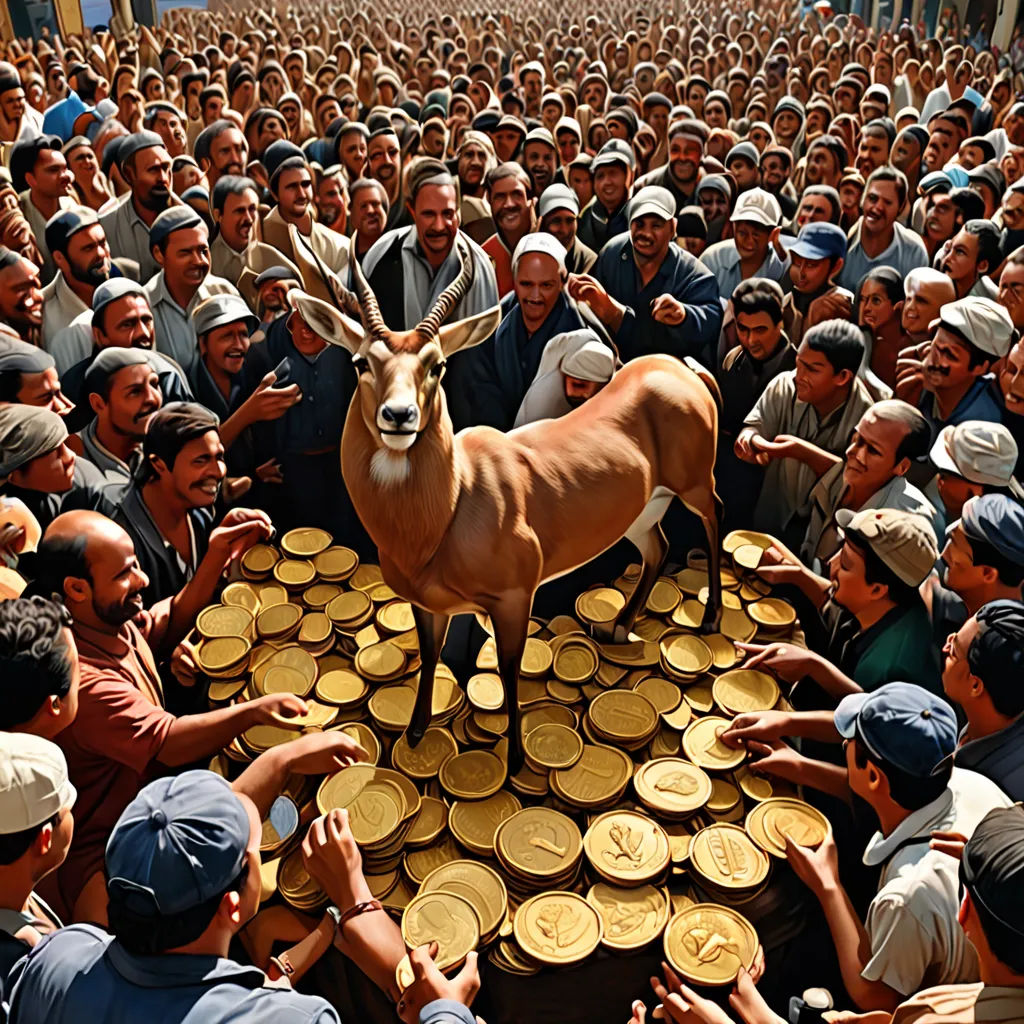 a group of people standing around a fake antelope on a pile of gold coins in front of a crowd of men, ecological art, a bronze sculpture, Farid Mansour, award-winning photograph