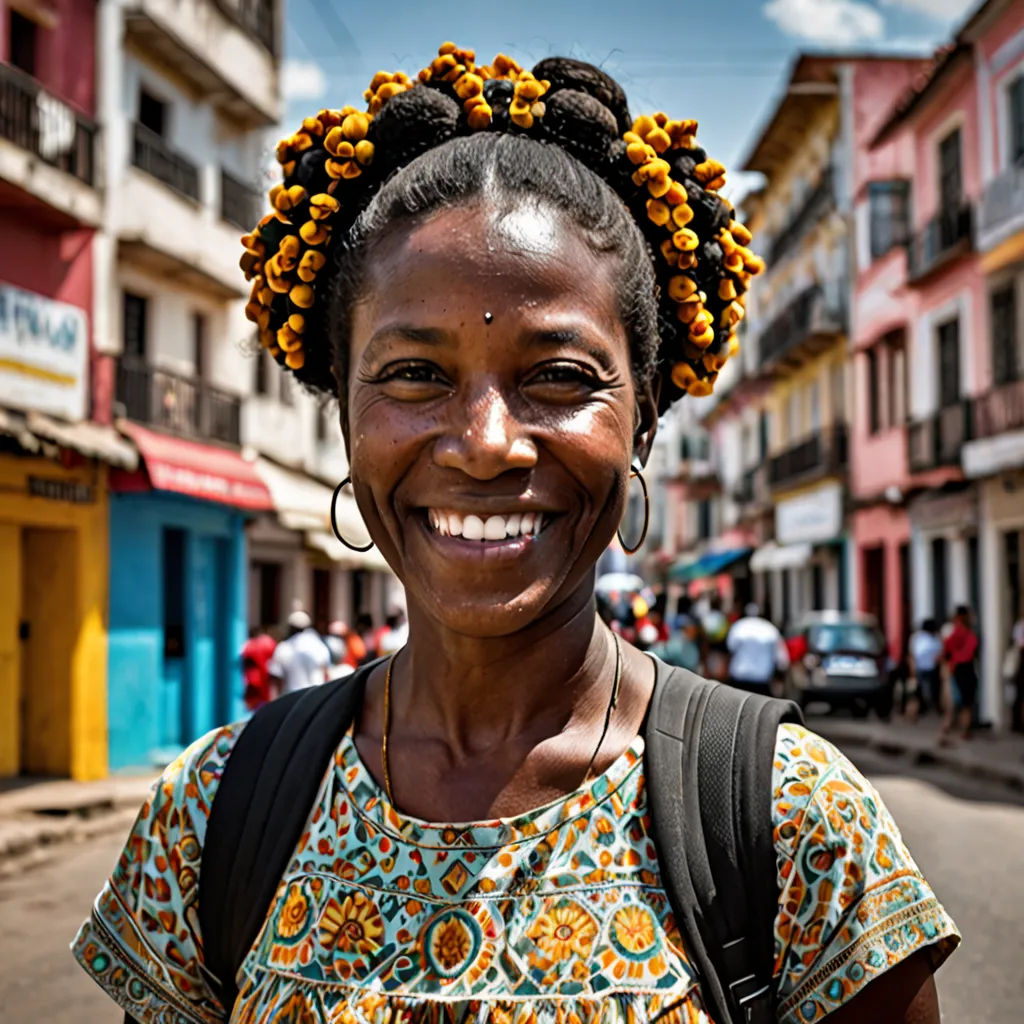 a woman with a flower in her hair smiles in the street of a city with buildings and people in the background, afrofuturism, a character portrait, Ella Guru, portrait photography