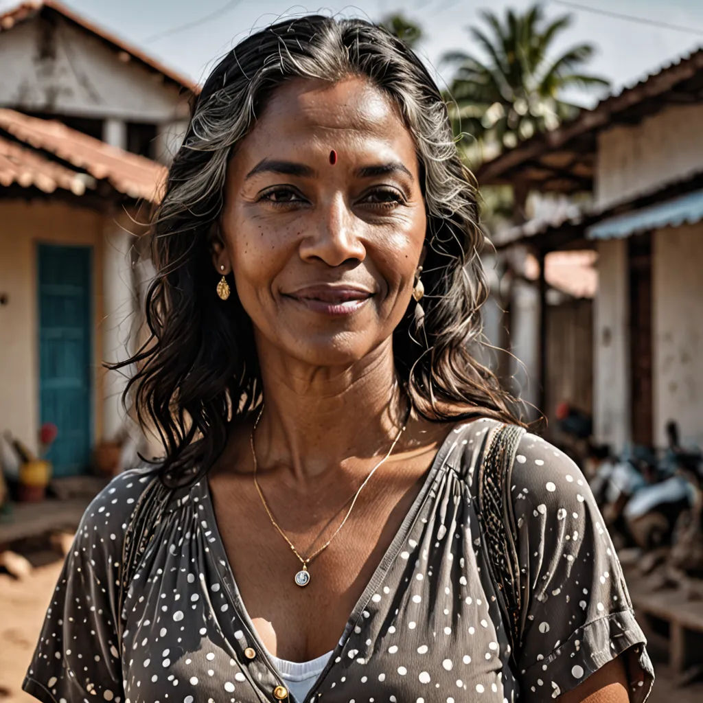 a woman standing in front of a house with a motorcycle in the background and a blue door behind her, samikshavad, a character portrait, Ella Guru, promotional image