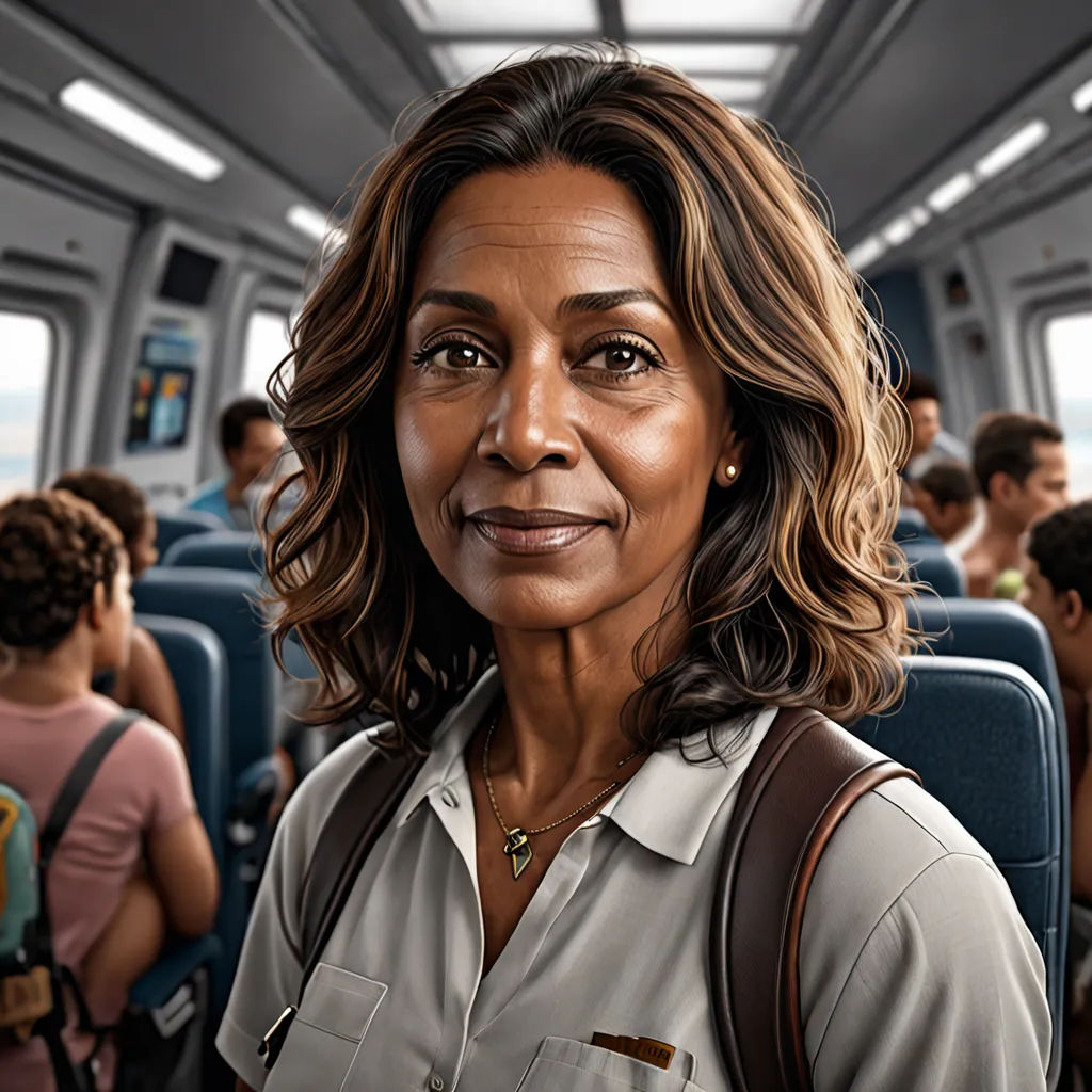 a woman is standing in a crowded train car with a view of the city from the back of the car, photorealism, an ultrafine detailed painting, Chris LaBrooy, highly detailed digital painting