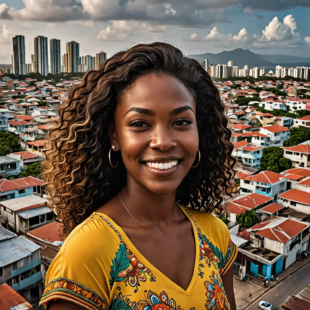 a woman standing in front of a city skyline with buildings in the background and a cloudy sky above her, regionalism, a character portrait, Araceli Gilbert, promotional image