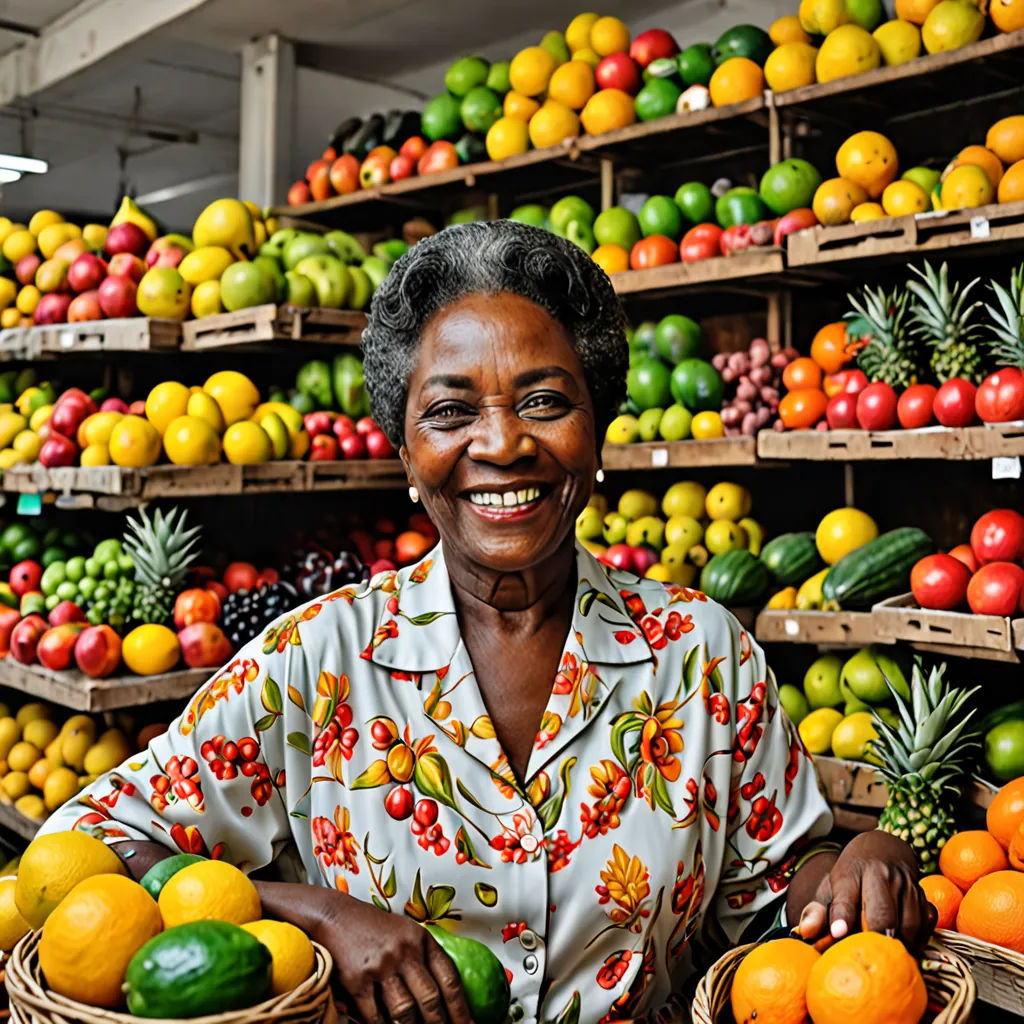 a woman standing in front of a display of fruit in a store with a smile on her face and a basket of fruit in front of her, harlem renaissance, a stock photo, Chinwe Chukwuogo-Roy, professional food photography