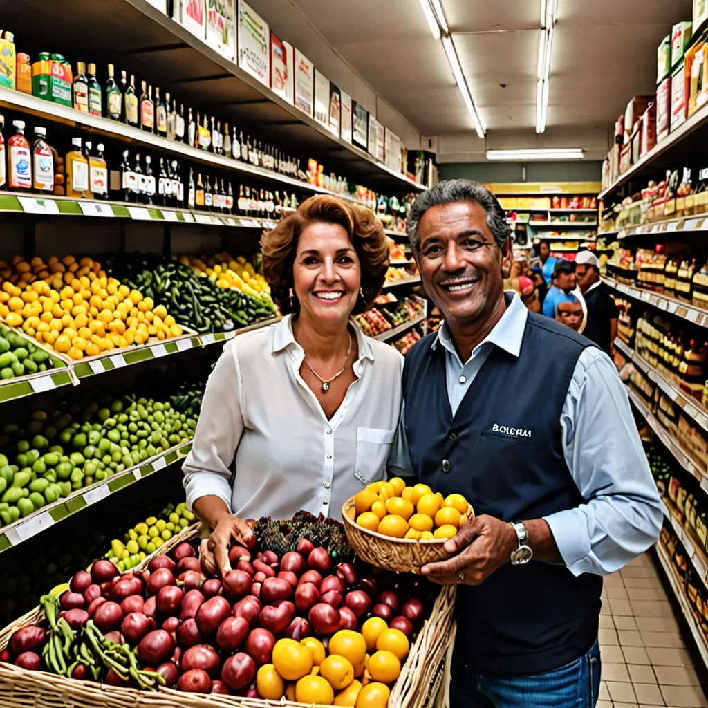 a man and woman standing in a grocery store holding a basket of fruit and vegetables in front of a display of other produce, romanesque, a stock photo, Florence Engelbach, professional food photography
