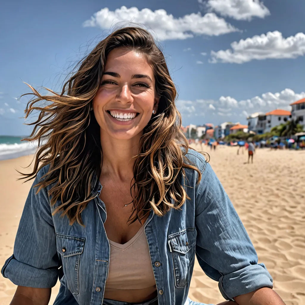 a woman sitting on a beach with a smile on her face and hair blowing in the wind and a blue sky with white clouds, video art, a stock photo, Aramenta Dianthe Vail, promotional image