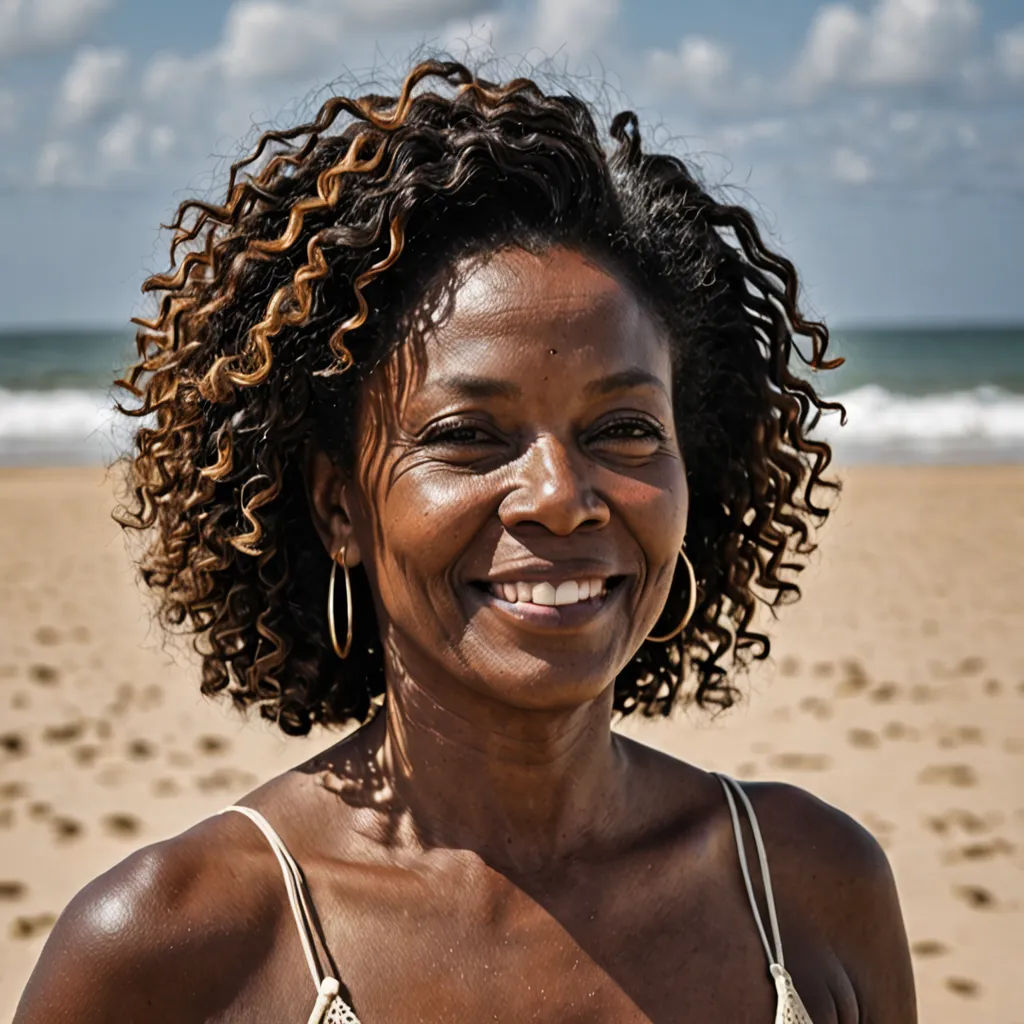 a woman with curly hair standing on a beach smiling at the camera with a sky background and clouds in the sky, precisionism, a character portrait, Daphne Allen, head and shoulders portrait