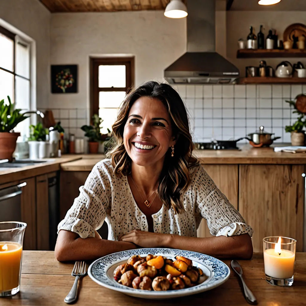 a woman sitting at a table with a plate of food in front of her and a glass of orange juice, private press, a stock photo, Amalia Lindegren, promotional image
