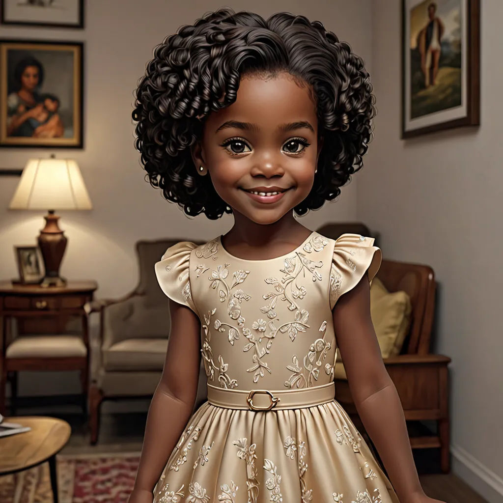a digital painting of a little girl in a dress in a living room with a lamp and a couch, photorealism, a photorealistic painting, Chinwe Chukwuogo-Roy, highly detailed digital painting
