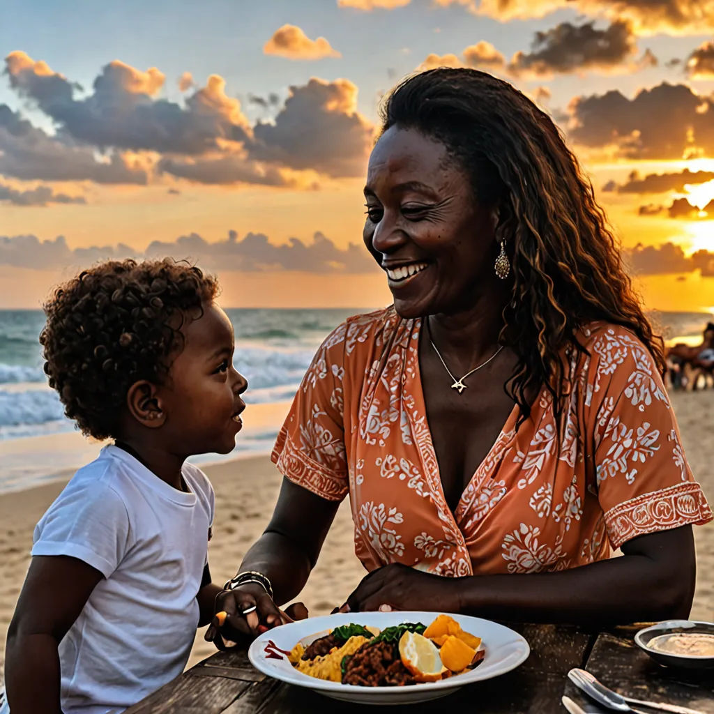 a woman and a child sitting at a table on the beach eating food together with the sun setting in the background, dau-al-set, a stock photo, Ella Guru, portrait photography