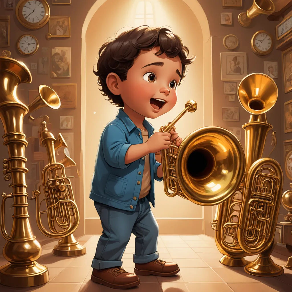 a boy is playing a trumpet in a room full of musical instruments and clocks on the wall behind him, fantasy art, an ultrafine detailed painting, Alejandro Burdisio, official art