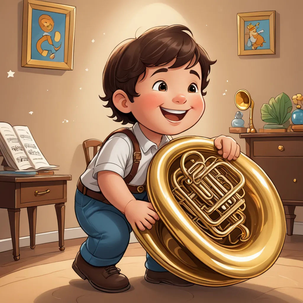a boy holding a large golden instrument in a room with a piano and a desk in the background with a picture of a baby, process art, a storybook illustration, Alejandro Burdisio, game art