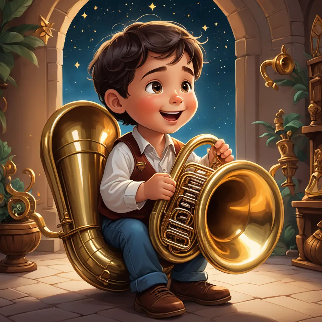 a boy is sitting on a golden instrument and smiling at the camera while holding it in his hands and looking at the viewer, fantasy art, an ultrafine detailed painting, Alejandro Burdisio, key art