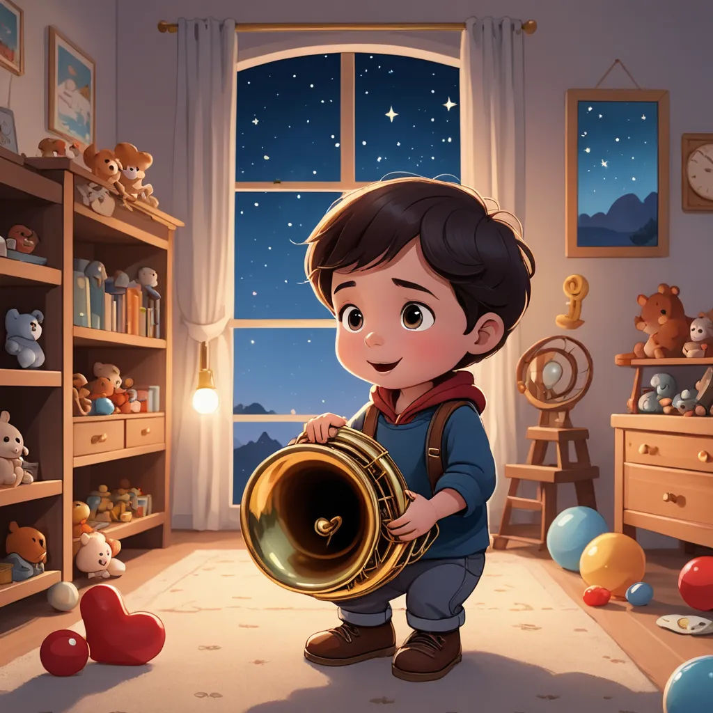 a boy holding a bell in a room with toys and a window with stars in the sky behind him, space art, a storybook illustration, Diego Gisbert Llorens, storybook illustration