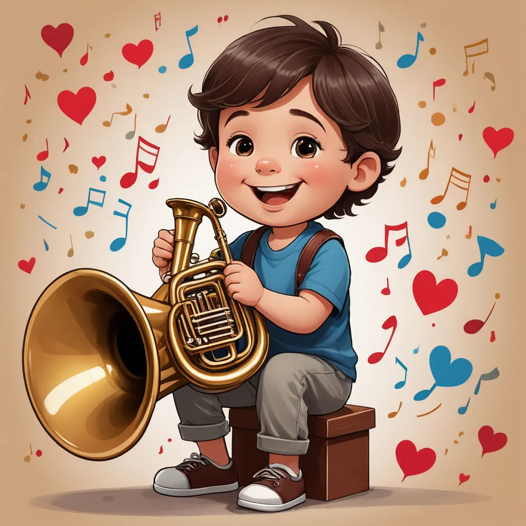 a boy is playing a trumpet on a bench with musical notes around him and hearts on the wall behind him, funk art, a storybook illustration, artist, cute and funny
