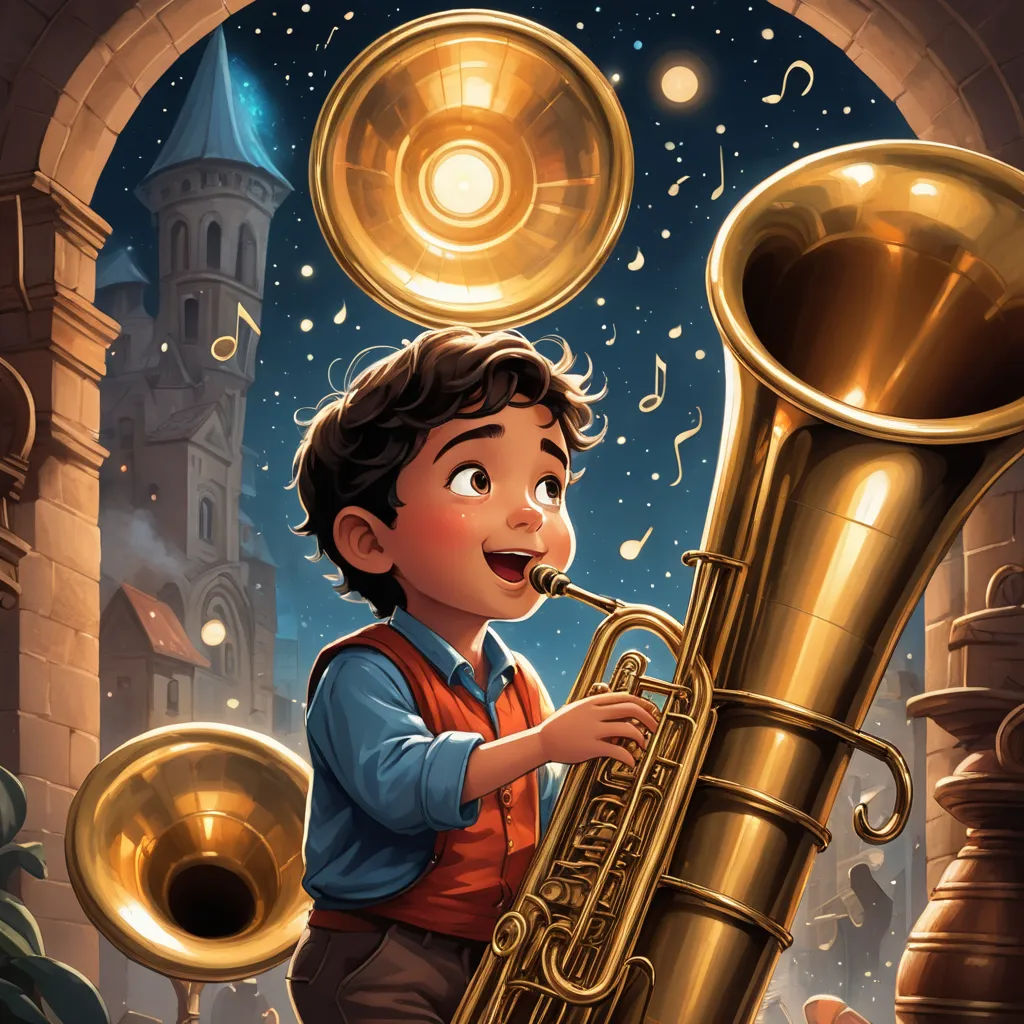 a boy playing a trumpet in a castle doorway with a castle in the background and a clock tower in the foreground, fantasy art, a storybook illustration, Alejandro Burdisio, storybook illustration