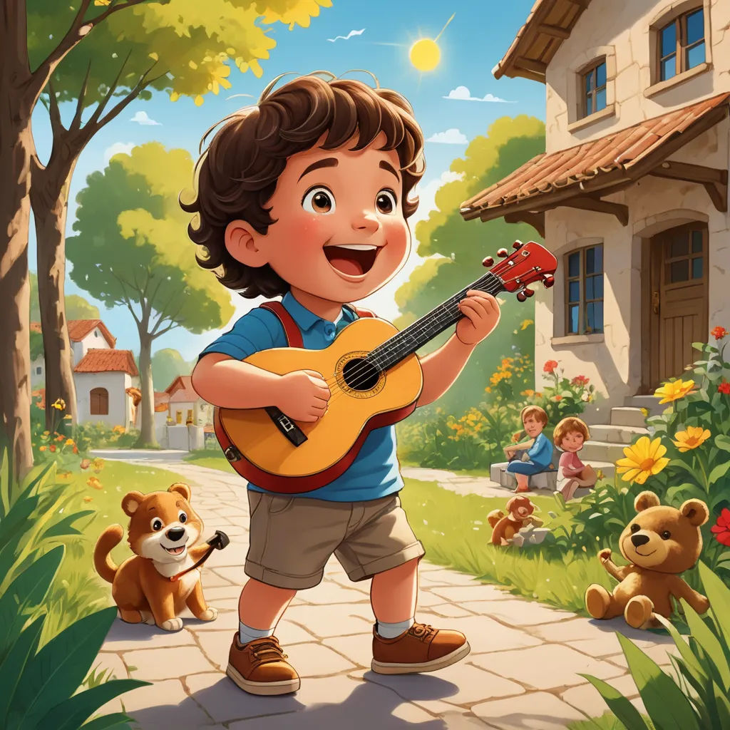 a boy playing a guitar in a park with a dog and a house in the background with a dog looking at him, sots art, a storybook illustration, Aaron Jasinski, official art