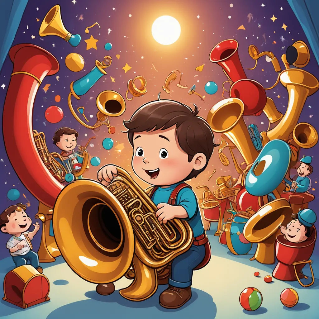 a boy playing a large musical instrument in front of a group of children with musical instruments in the background, lyco art, a storybook illustration, Alejandro Burdisio, detailed illustration