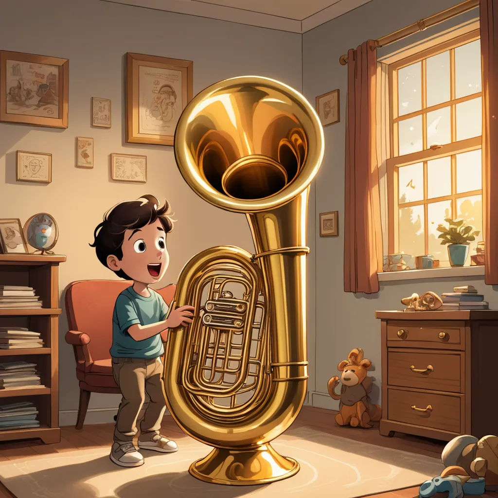 a boy standing next to a golden instrument in a room with a window and a teddy bear on the floor, photorealism, a storybook illustration, Diego Gisbert Llorens, official art