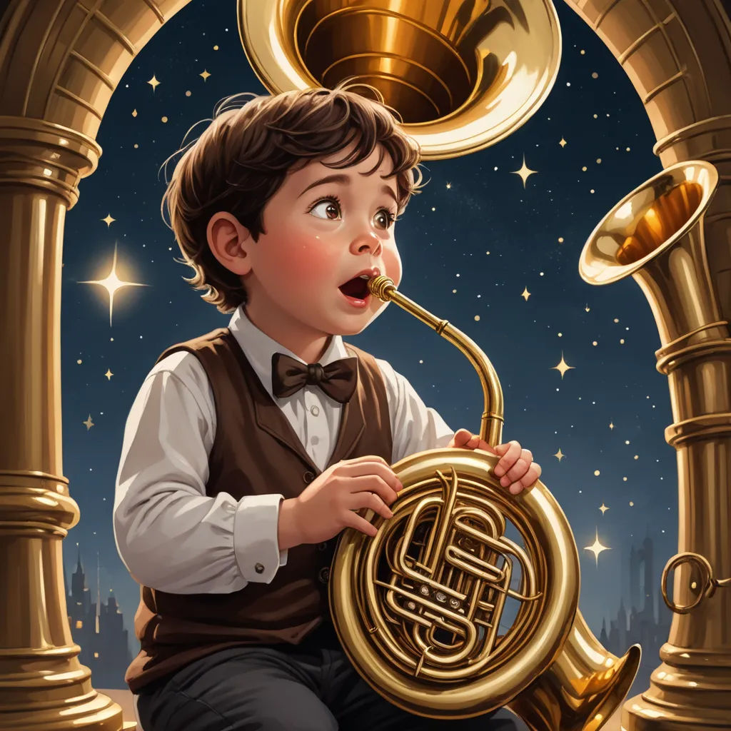 a boy playing a trumpet in front of a window with stars in the background and a city at night, space art, a storybook illustration, Aaron Jasinski, highly detailed digital painting