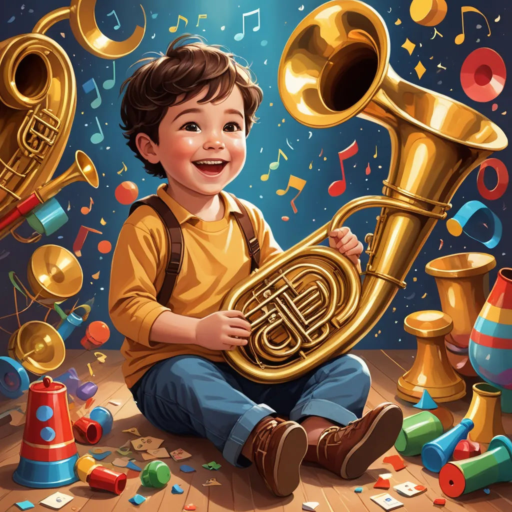 a boy sitting on the floor with a trumpet in his hands and a bunch of musical instruments around him, fantasy art, a storybook illustration, Alejandro Burdisio, highly detailed digital painting
