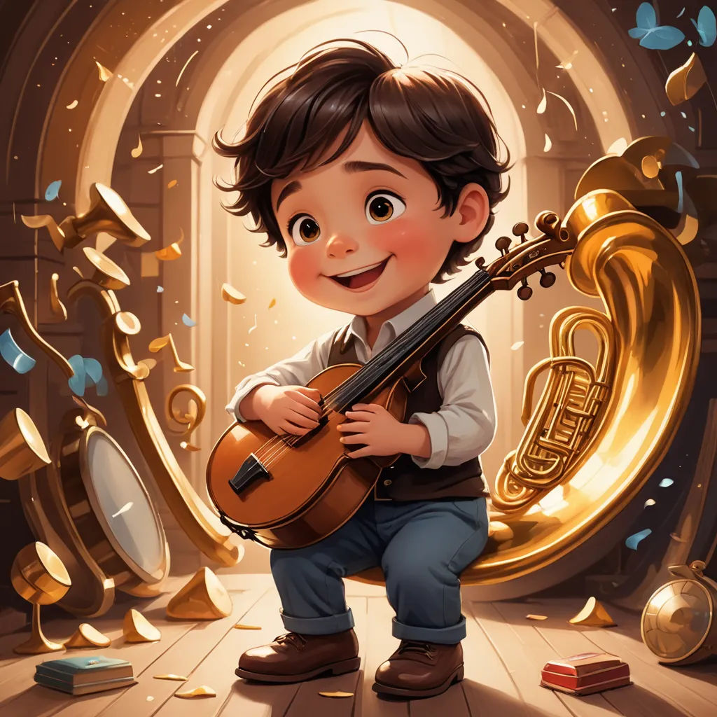 a cartoon boy playing a violin in a room with gold confetti and confetti falling around, sots art, an ultrafine detailed painting, Alejandro Burdisio, stanley artgerm lau