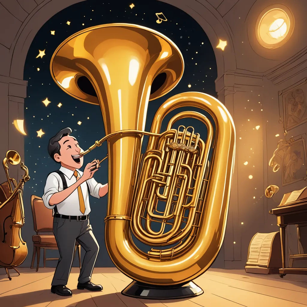 a man playing a trumpet in a room with a piano and a piano behind him, with a star ceiling, funk art, a storybook illustration, Diego Gisbert Llorens, detailed illustration
