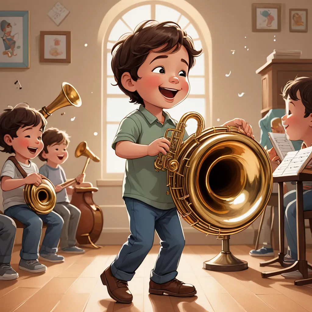 a boy playing a musical instrument in front of a group of children in a room with a window and a piano, paris school, a storybook illustration, Diego Gisbert Llorens, storybook illustration