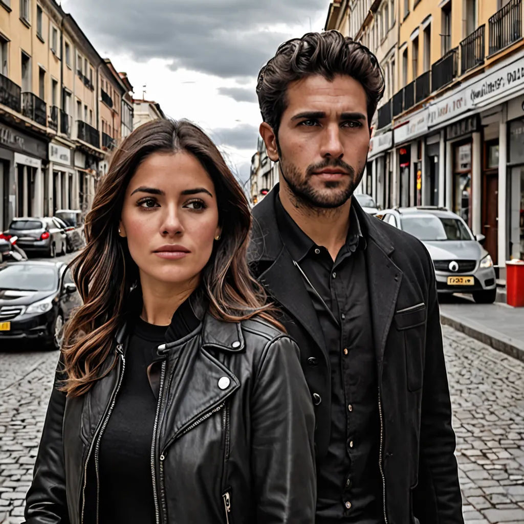 a man and a woman standing on a street in front of a building with cars parked on the side of the street, international gothic, a poster, Eva Gonzalès, promotional image