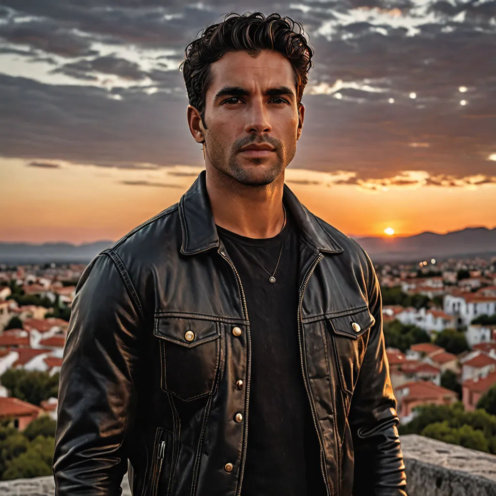 a man in a leather jacket standing in front of a sunset over a cityscape with a red roof, dau-al-set, a character portrait, Adam Dario Keel, promotional image